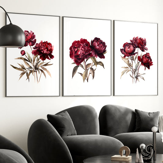 Dark Red Peonies Botanical Prints - Set of 3 Wall Decor - Bloom Gallery