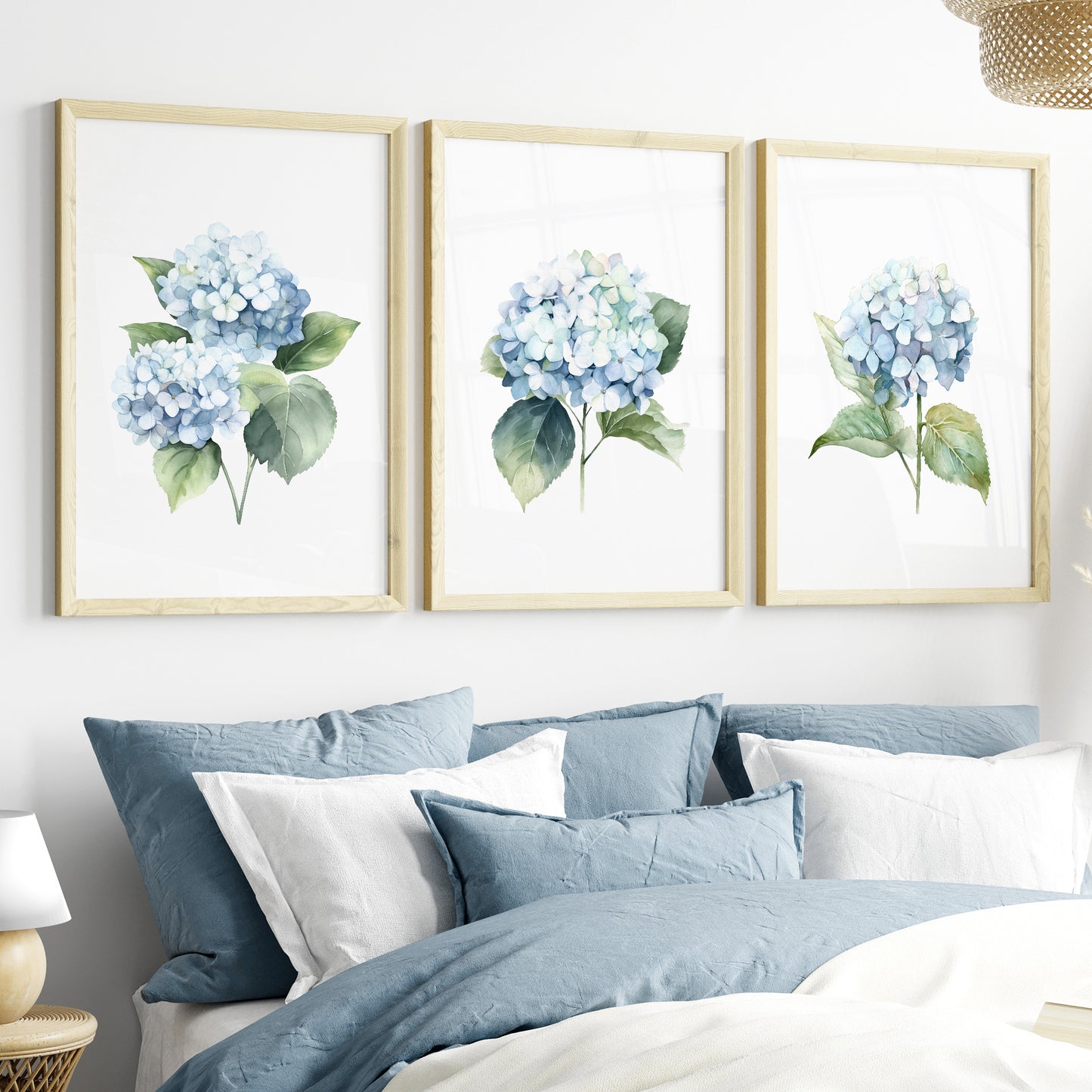 Blue Hydrangeas Botanical Prints - Set of 3 Wall Decor