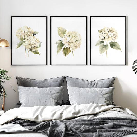 Beige Hydrangeas Botanical Prints - Set of 3 Wall Decor