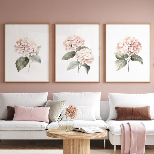 Pastel Pink Hydrangeas Botanical Prints - Set of 3 Wall Decor