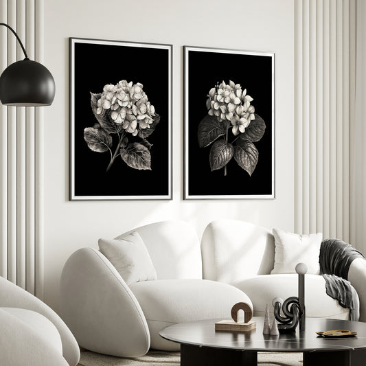 Dark Hydrangeas – Set of 2 Prints, Black Floral Wall Art