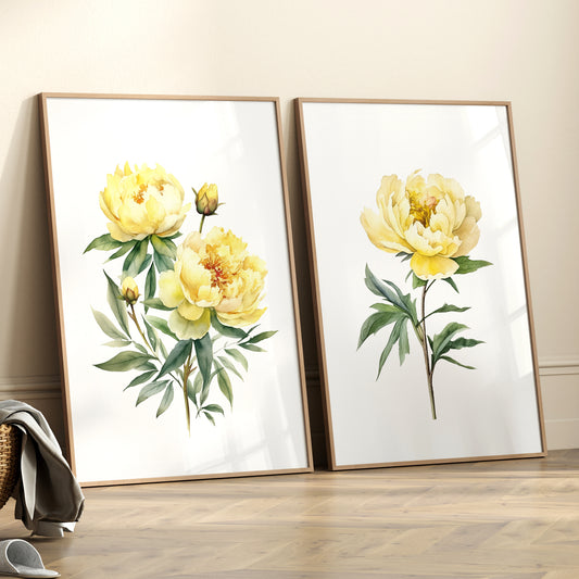 Yellow Peonies Wall Art - Set of 2 Botanical Prints