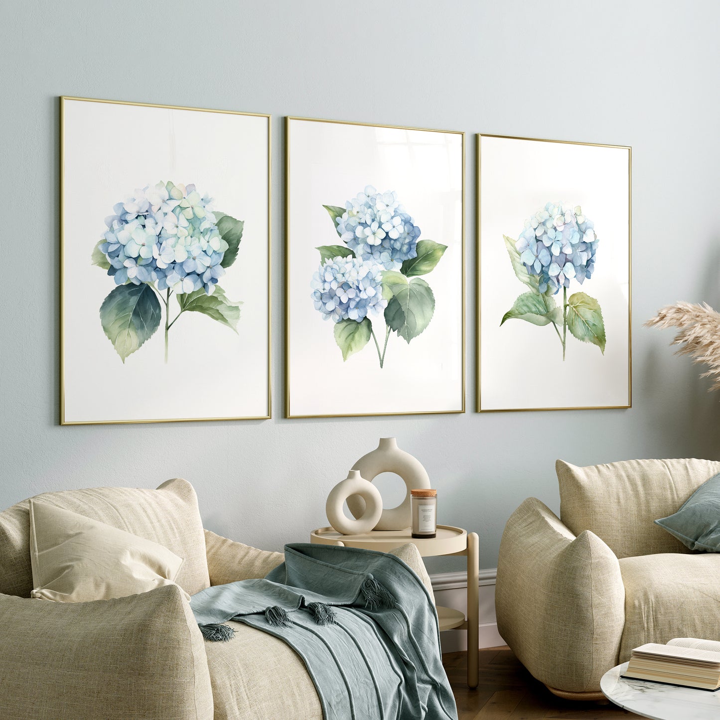 Blue Hydrangeas Botanical Prints - Set of 3 Wall Decor