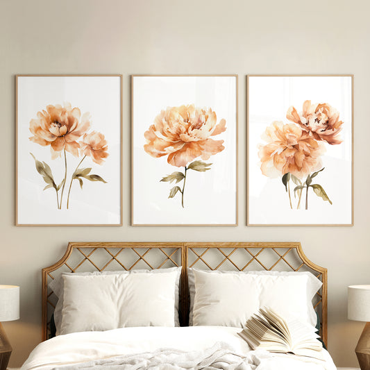 Caramel Orange Peonies - Set of 3 Botanical Prints