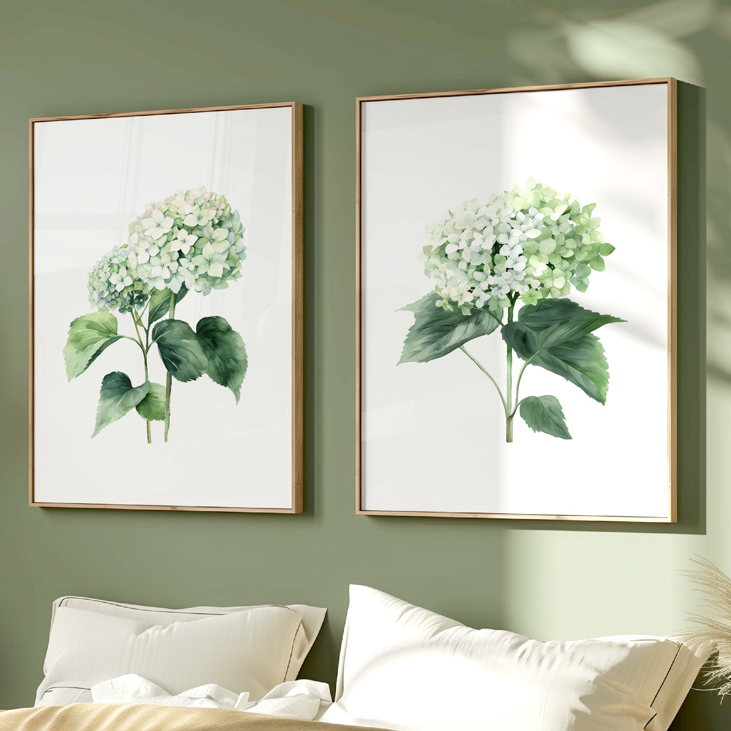 Green Hydrangeas Wall Art - Set of 2 Botanical Prints