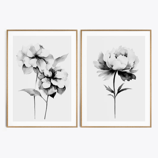 Black & Gray Hydrangeas & Peony – Set of 2 Modern Floral Prints