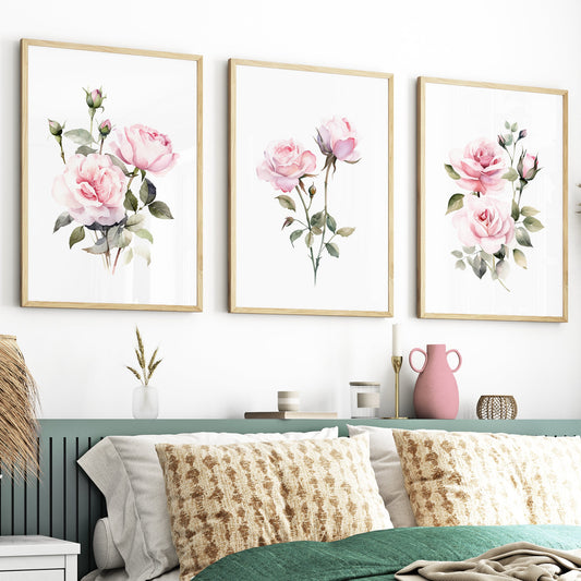 Pink Roses Botanical Prints - Set of 3 Wall Decor - Bloom Gallery