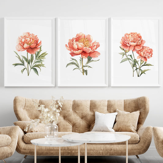 Red Peonies Botanical Prints - Set of 3 Wall Decor - Bloom Gallery